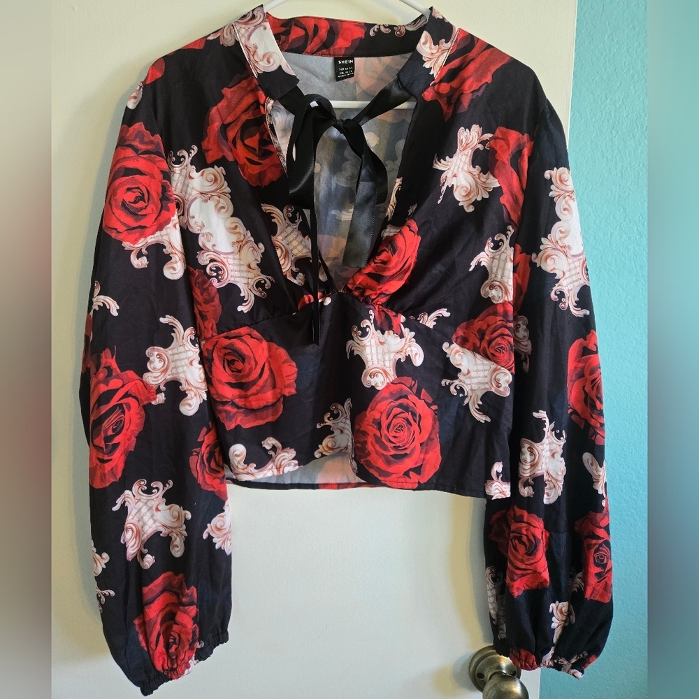 Shein Black Floral Tie Neck Blouse Size 2X
